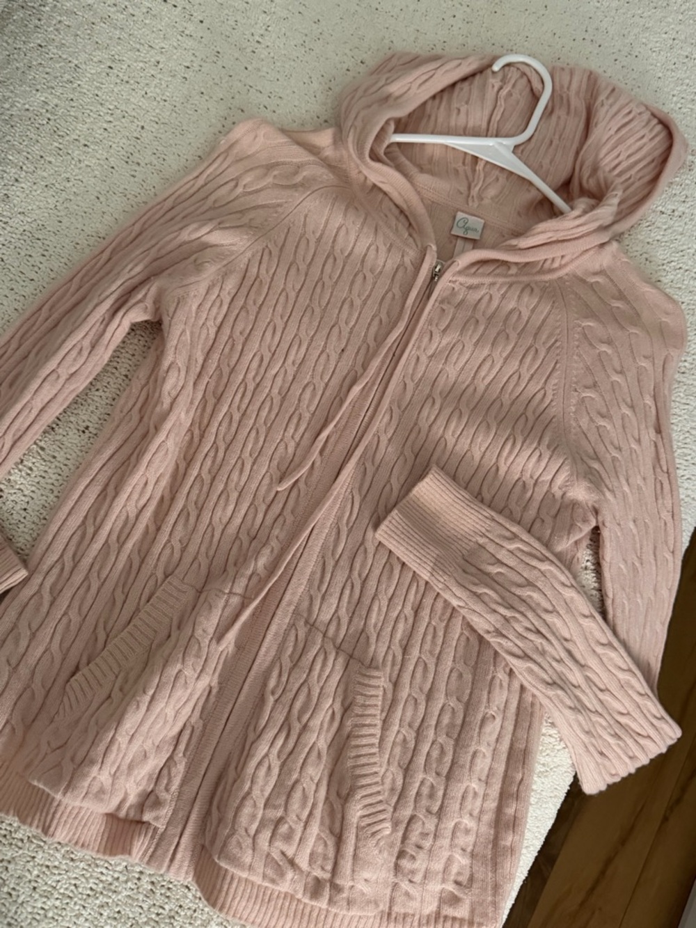 Aqua Cable-Knit Zip Hoodie Cardigan - Pale Pink